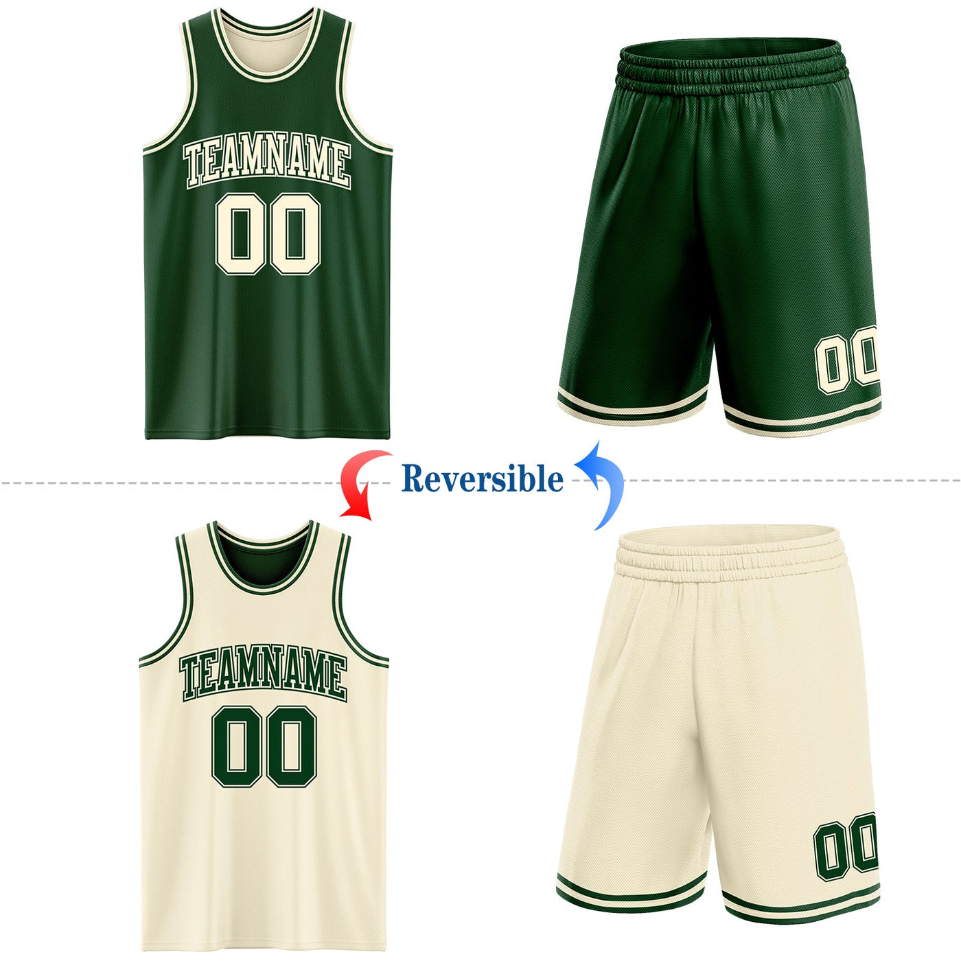 Custom Reversible Green Cream Double Side Sublimation Basketball Set Jersey