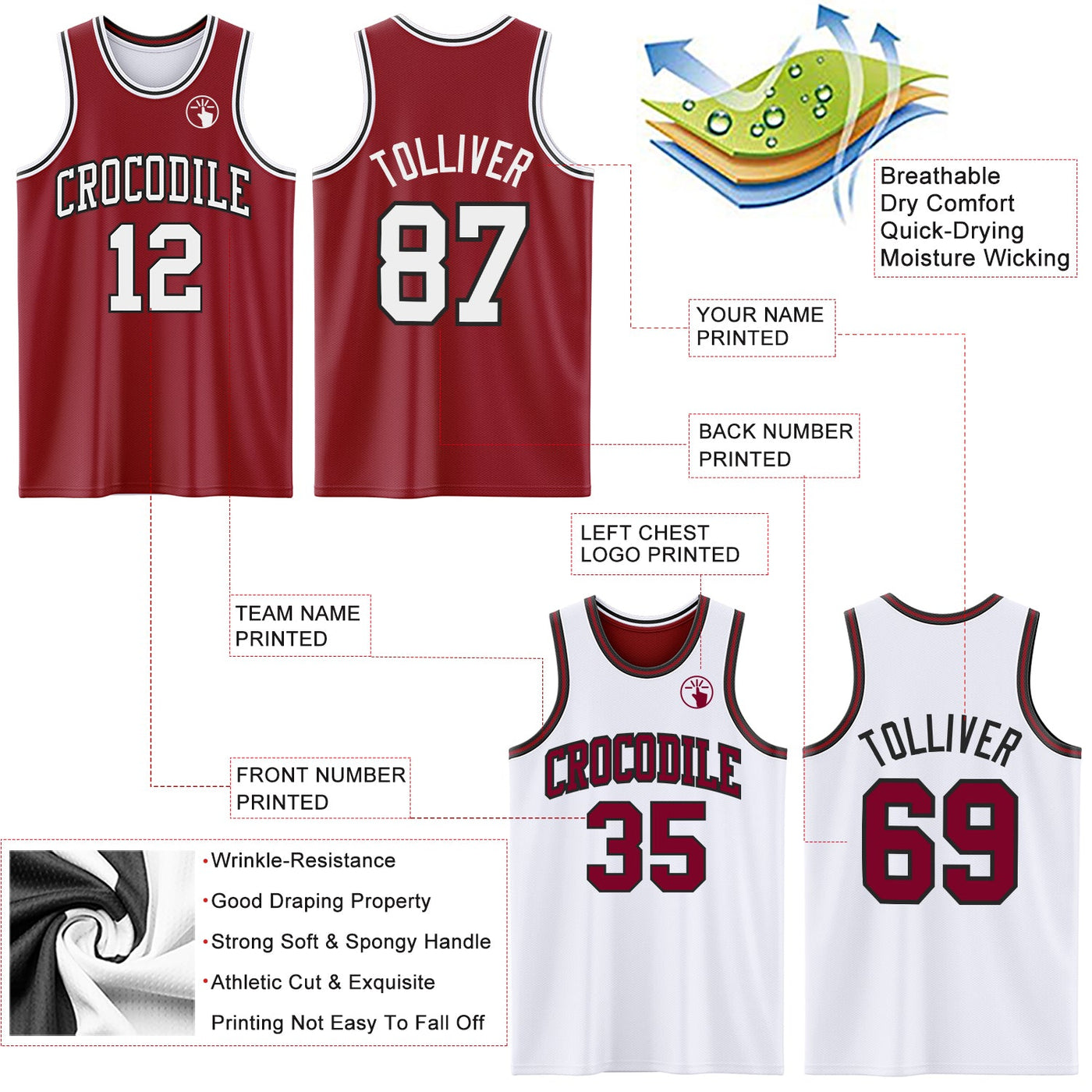 Custom Reversible Maroon White-Black Double Side Sublimation Basketball Set Jersey