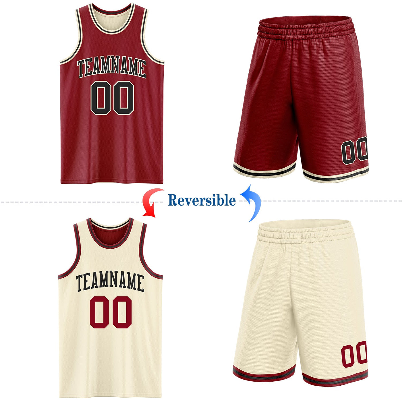 Custom Reversible Maroon Black-Cream Double Side Sublimation Basketball Set Jersey