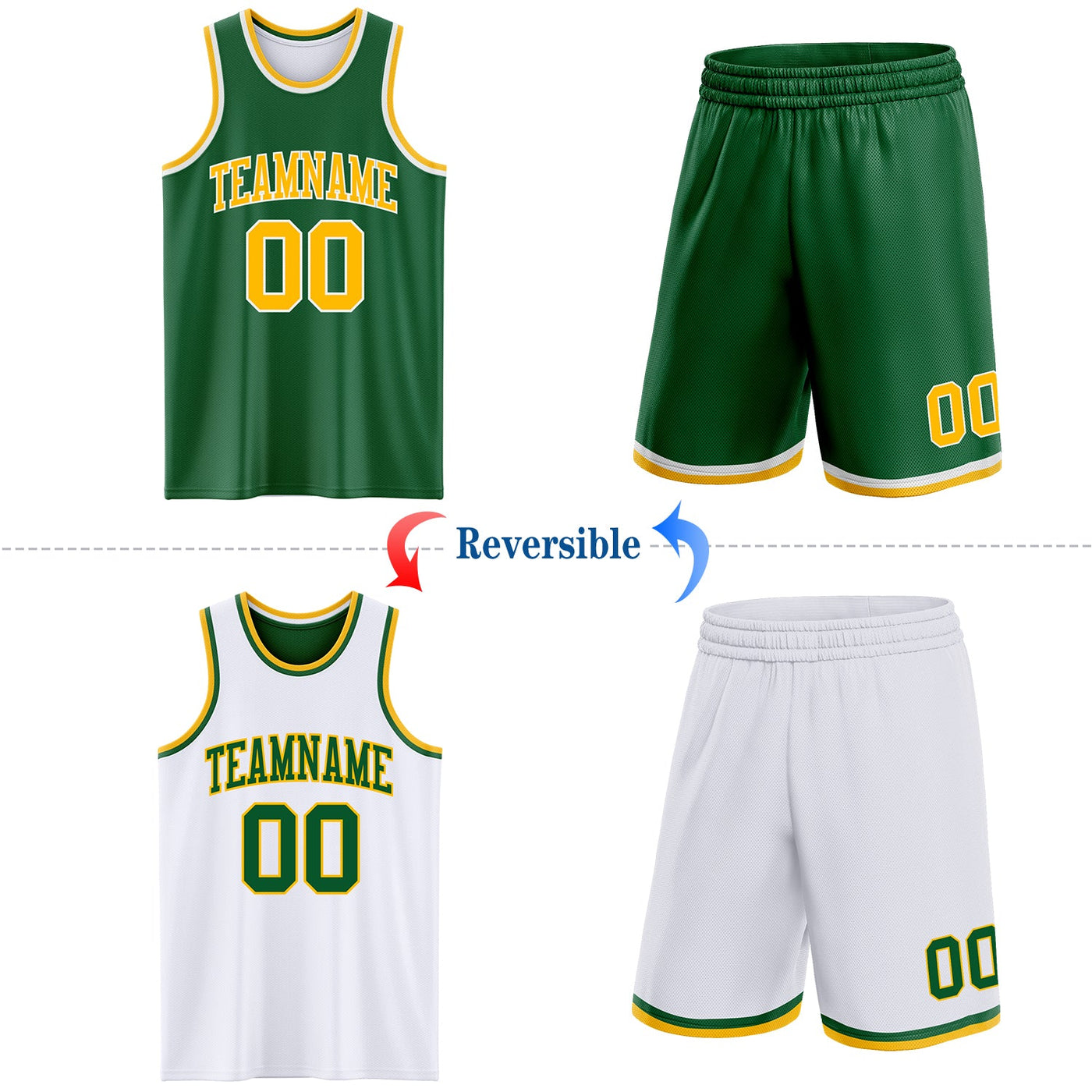 Custom Reversible Kelly Green Gold-White Double Side Sublimation Basketball Set Jersey