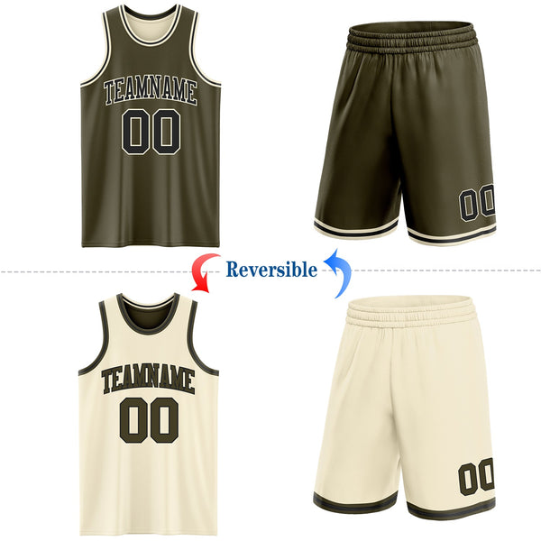 Custom Reversible Olive Black-Cream Double Side Salute To Service Sublimation Basketball Set Jersey