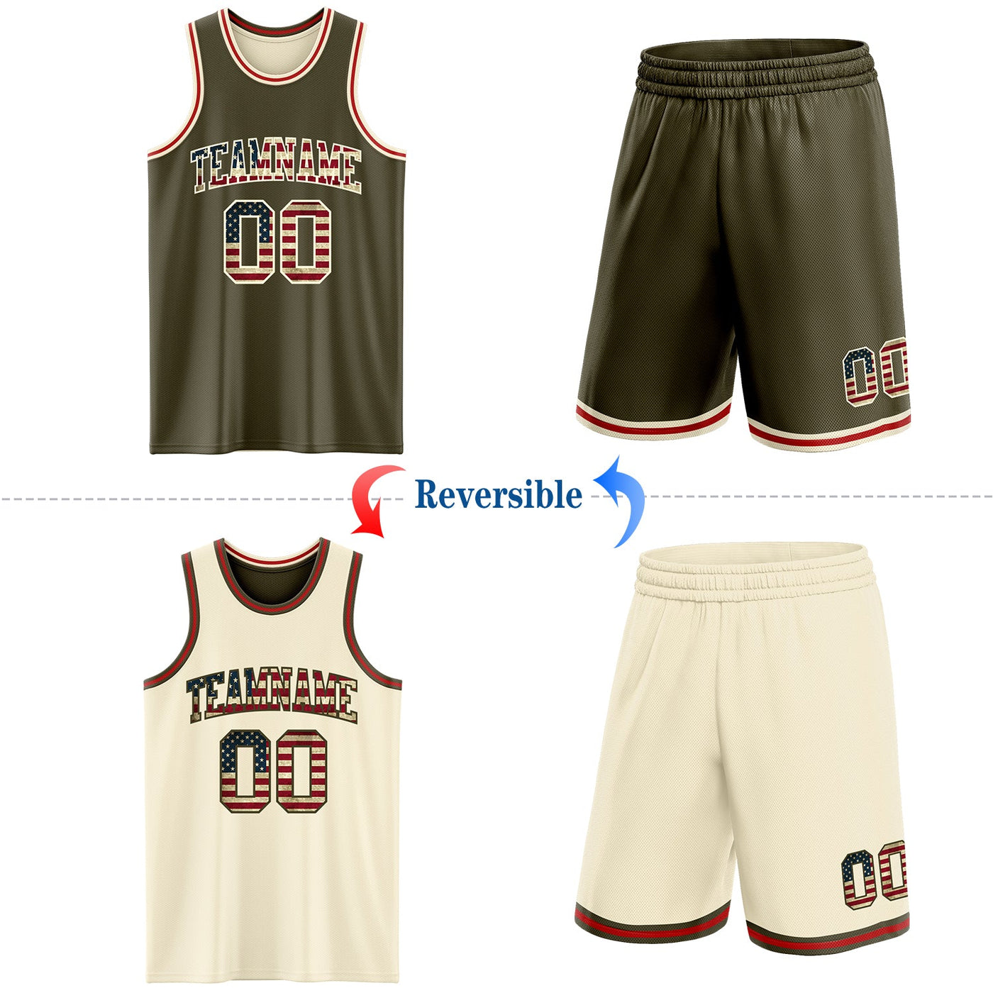 Custom Reversible Olive Vintage USA Flag Cream-Red Double Side Salute To Service Sublimation Basketball Set Jersey