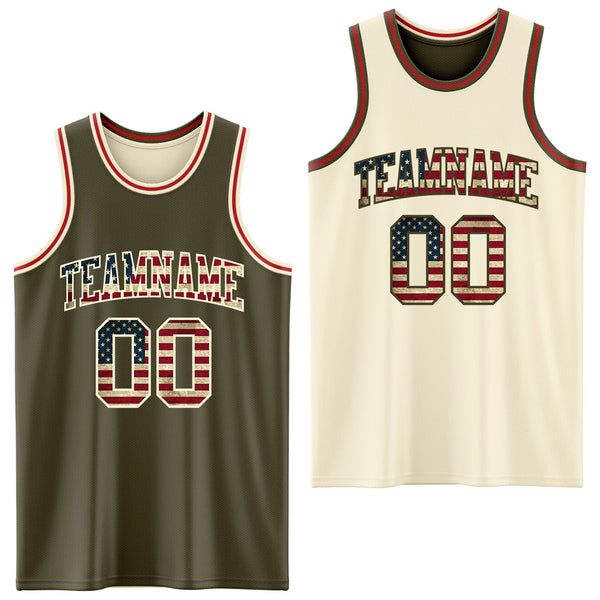 Custom Reversible Olive Vintage USA Flag Cream-Red Double Side Salute To Service Sublimation Basketball Set Jersey