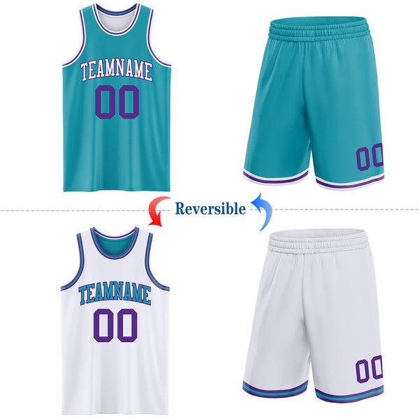 Custom Reversible Teal Purple-White Double Side Sublimation Basketball Set Jersey