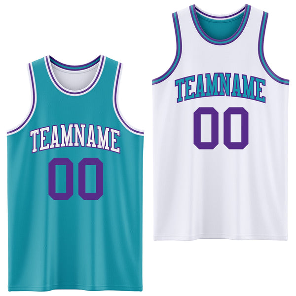 Custom Reversible Teal Purple-White Double Side Sublimation Basketball Set Jersey