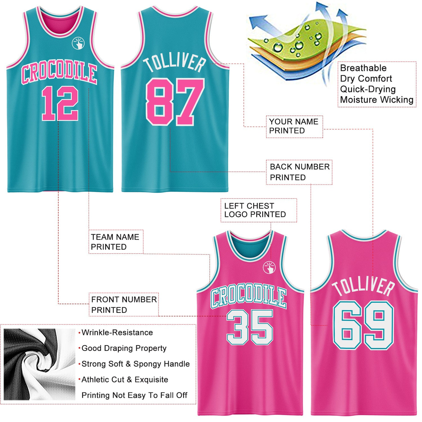 Custom Reversible Teal Pink-White Double Side Sublimation Basketball Set Jersey