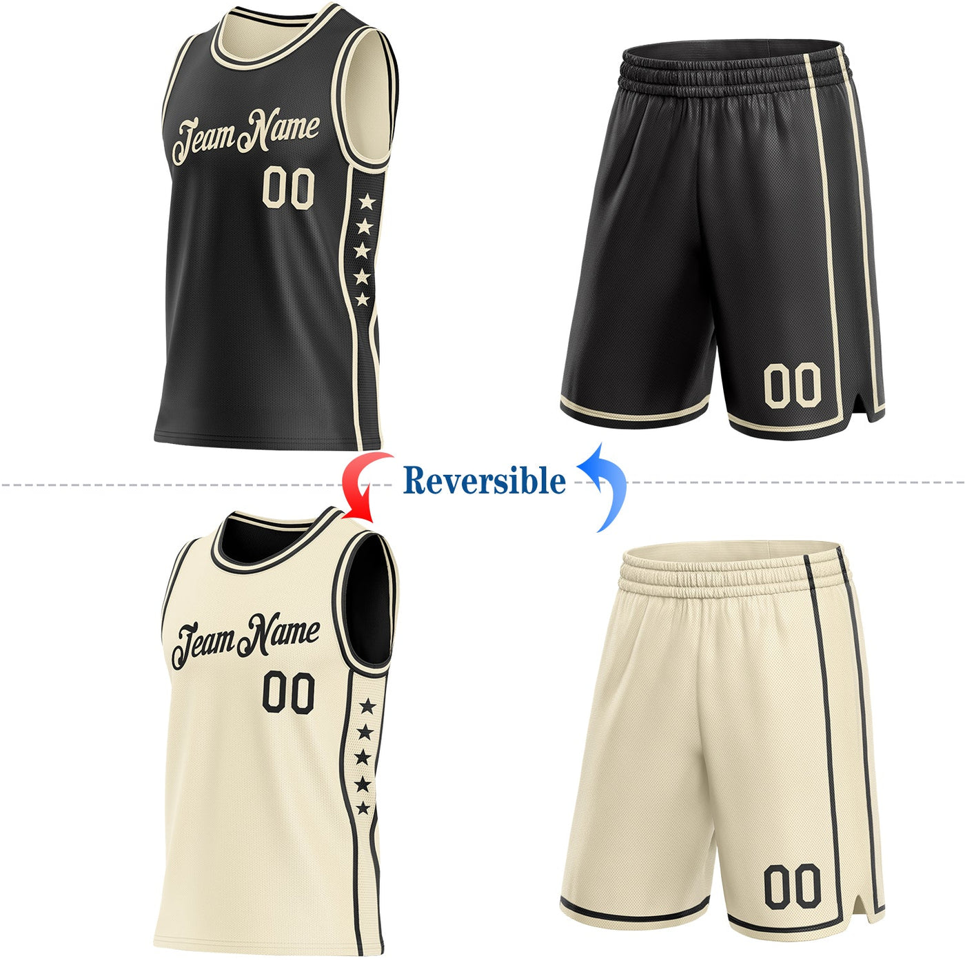 Custom Reversible Black Cream Double Side Star Sublimation Basketball Set Jersey
