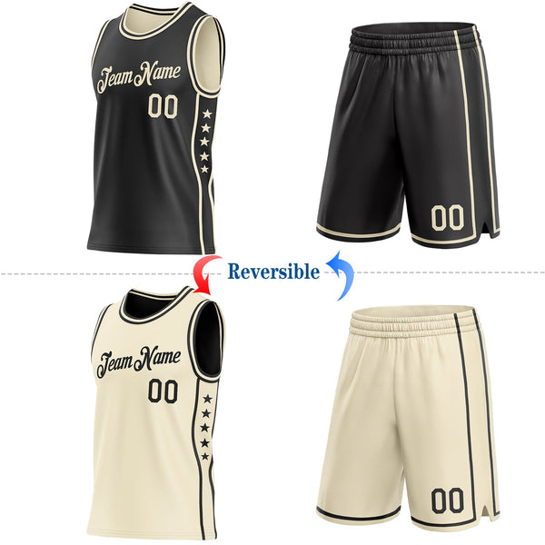Custom Reversible Black Cream Double Side Star Sublimation Basketball Set Jersey