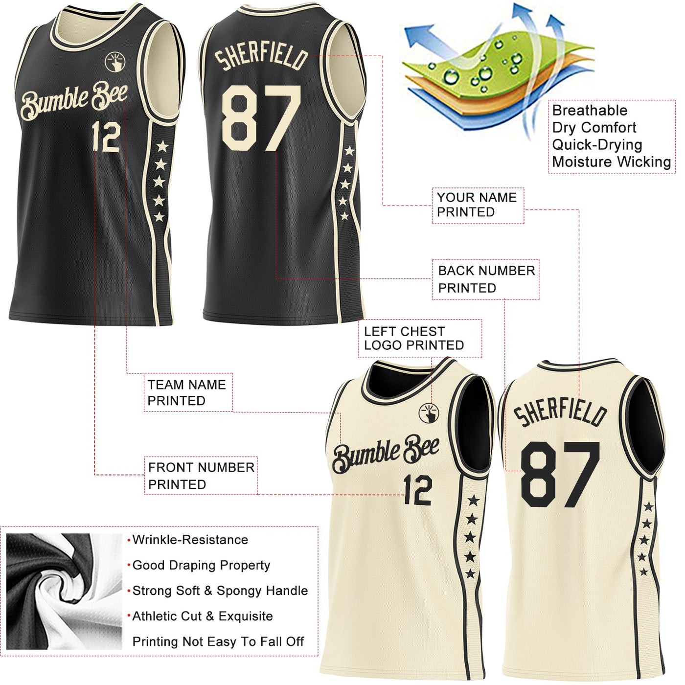 Custom Reversible Black Cream Double Side Star Sublimation Basketball Set Jersey