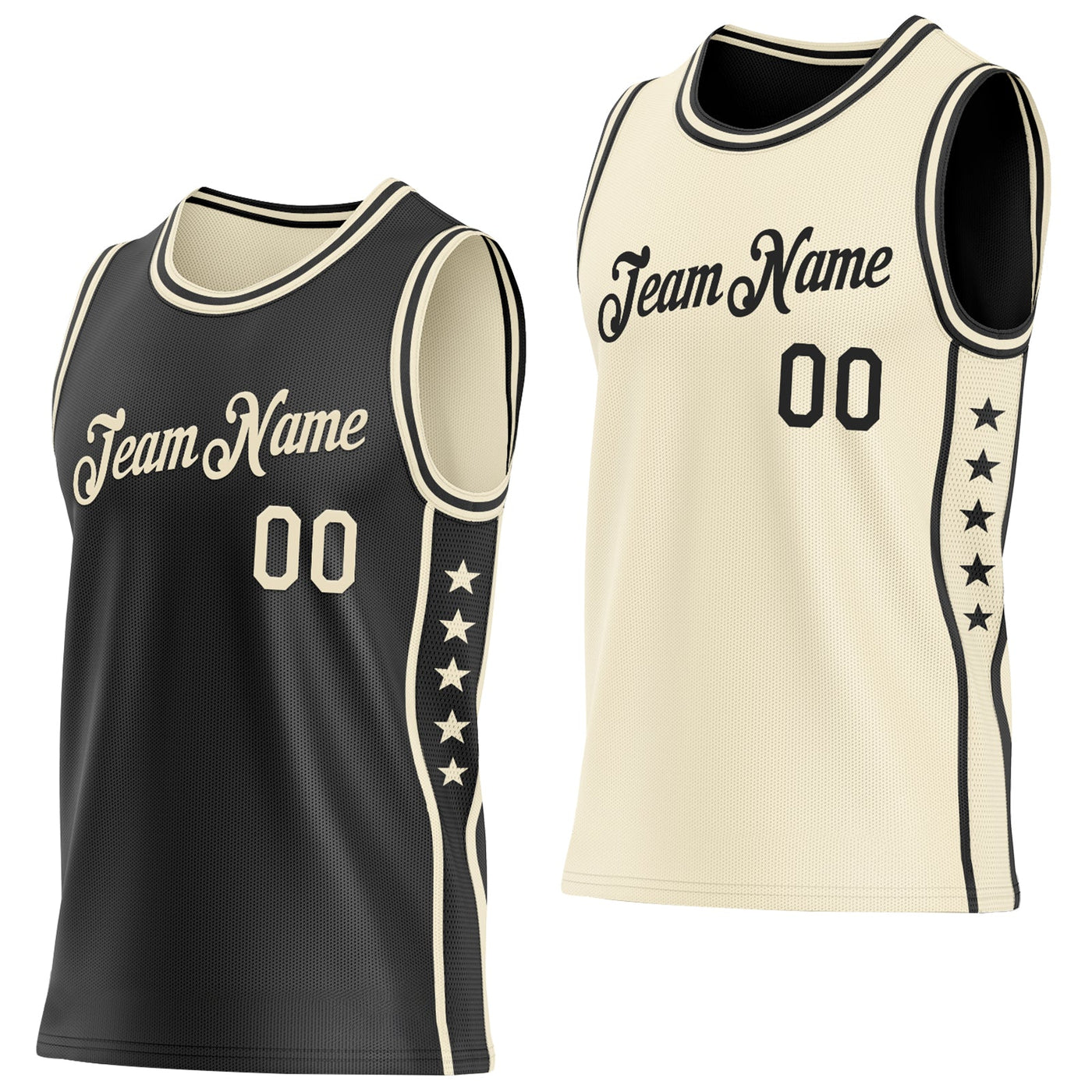 Custom Reversible Black Cream Double Side Star Sublimation Basketball Set Jersey