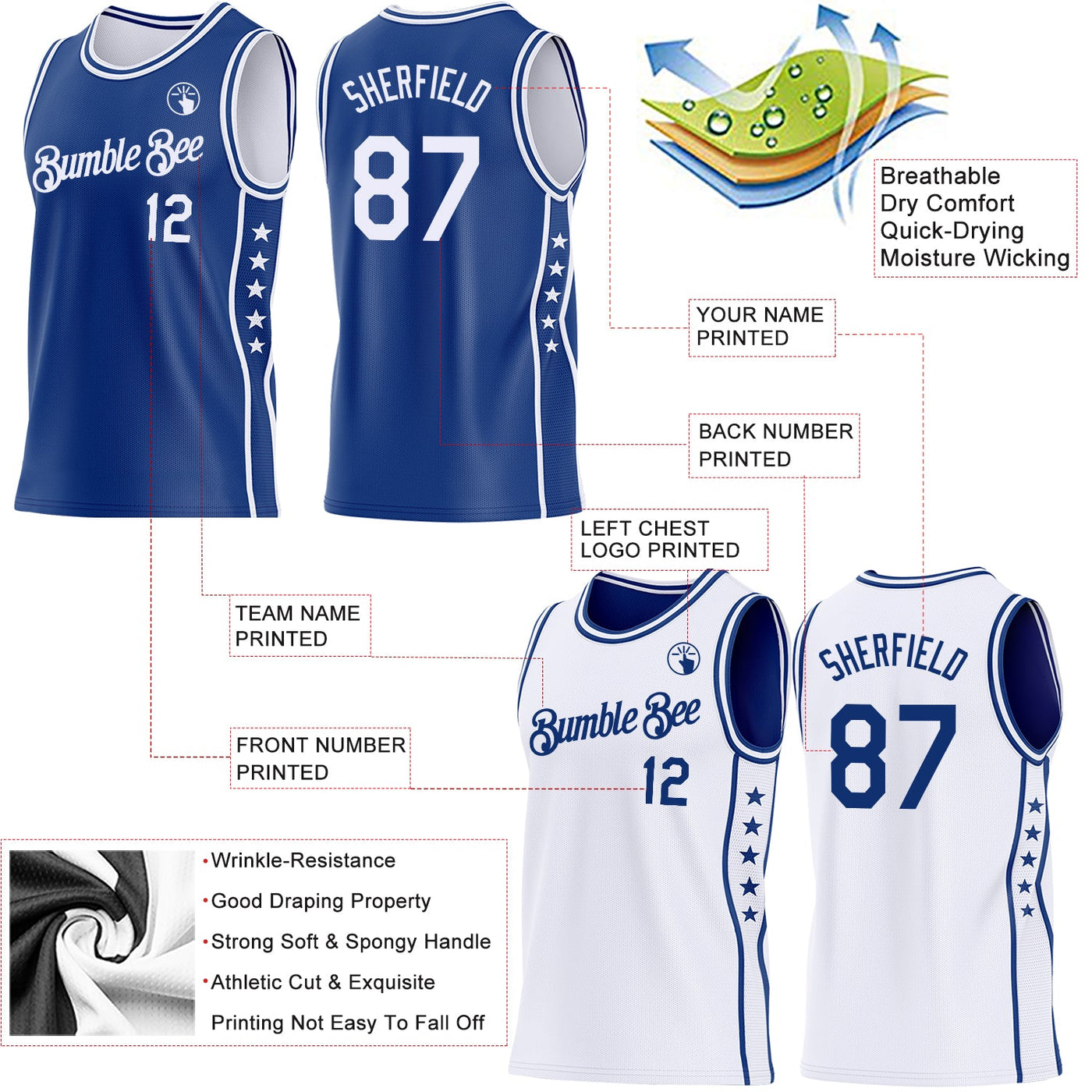 Custom Reversible Royal White Double Side Star Sublimation Basketball Set Jersey