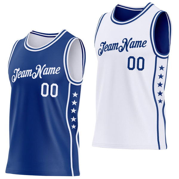 Custom Reversible Royal White Double Side Star Sublimation Basketball Set Jersey