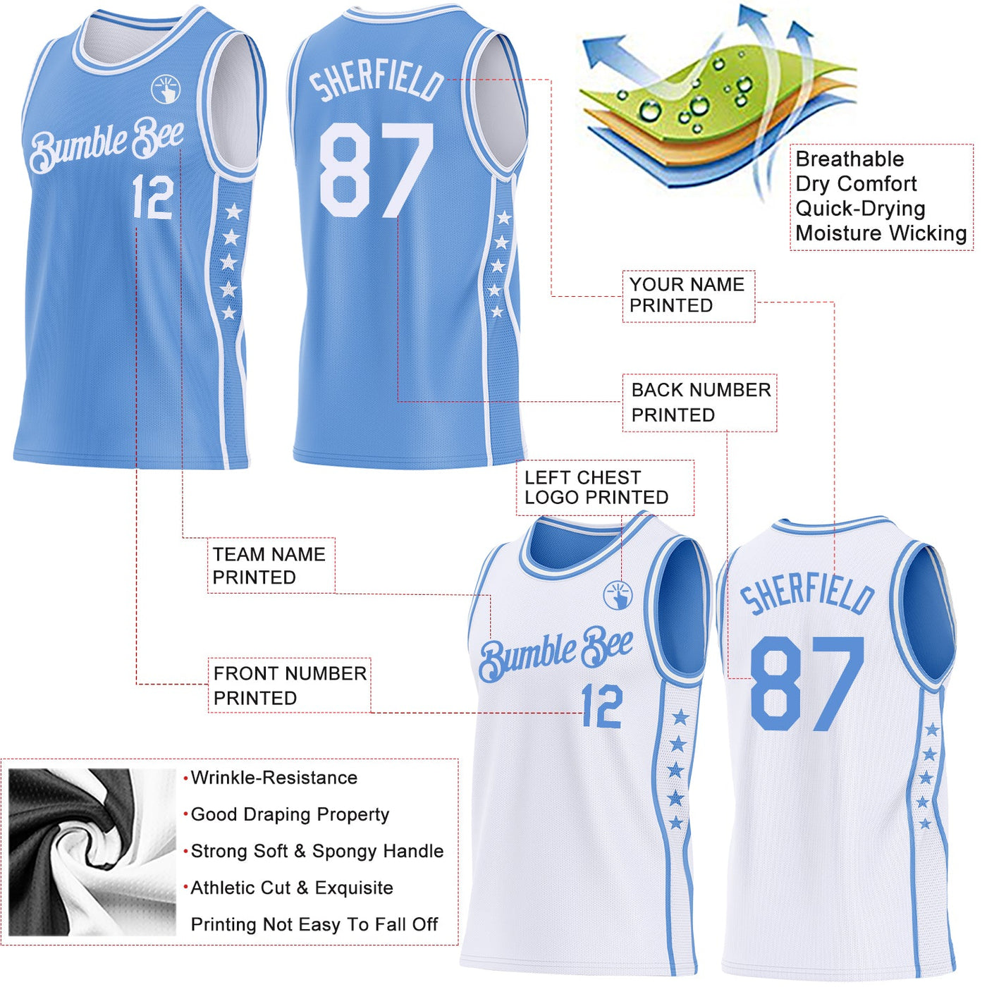 Custom Reversible Lakes Blue White Double Side Star Sublimation Basketball Set Jersey