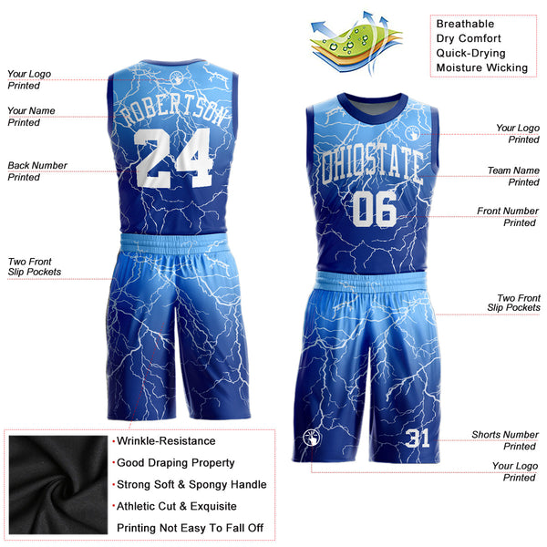 Custom Royal White-Light Blue Round Neck Sublimation Basketball Uniform Jersey