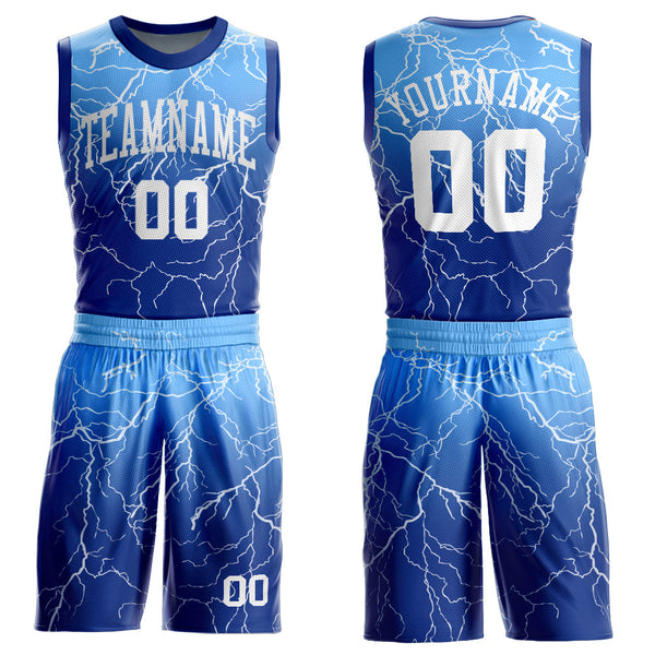 Custom Royal White-Light Blue Round Neck Sublimation Basketball Uniform Jersey