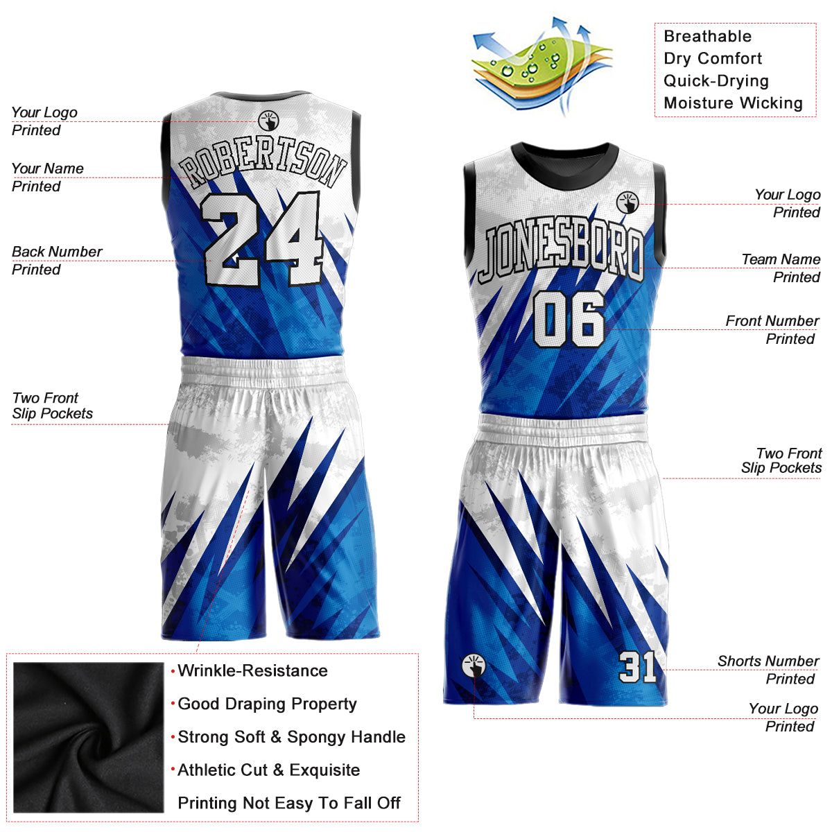 Custom White White-Royal Round Neck Sublimation Basketball Uniform Jersey