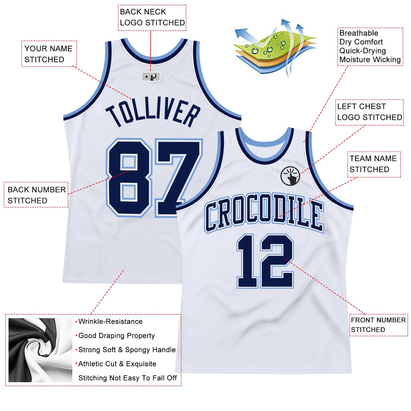 Custom White Navy-Light Blue Authentic Throwback Basketball Jersey