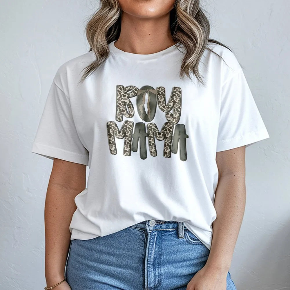 Boy Mama T-Shirt | Camo Lettering with Bow Graphic | Soft Cotton Tee | Trendy Western Style Gift for Mom