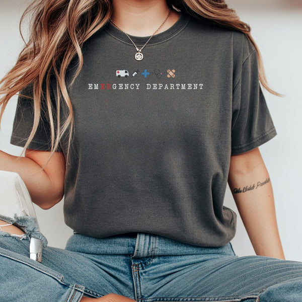 Emergency Department T-Shirt | Medical Icon Print | 100% Soft Cotton | Nurse Practitioner & ER Tech Gift