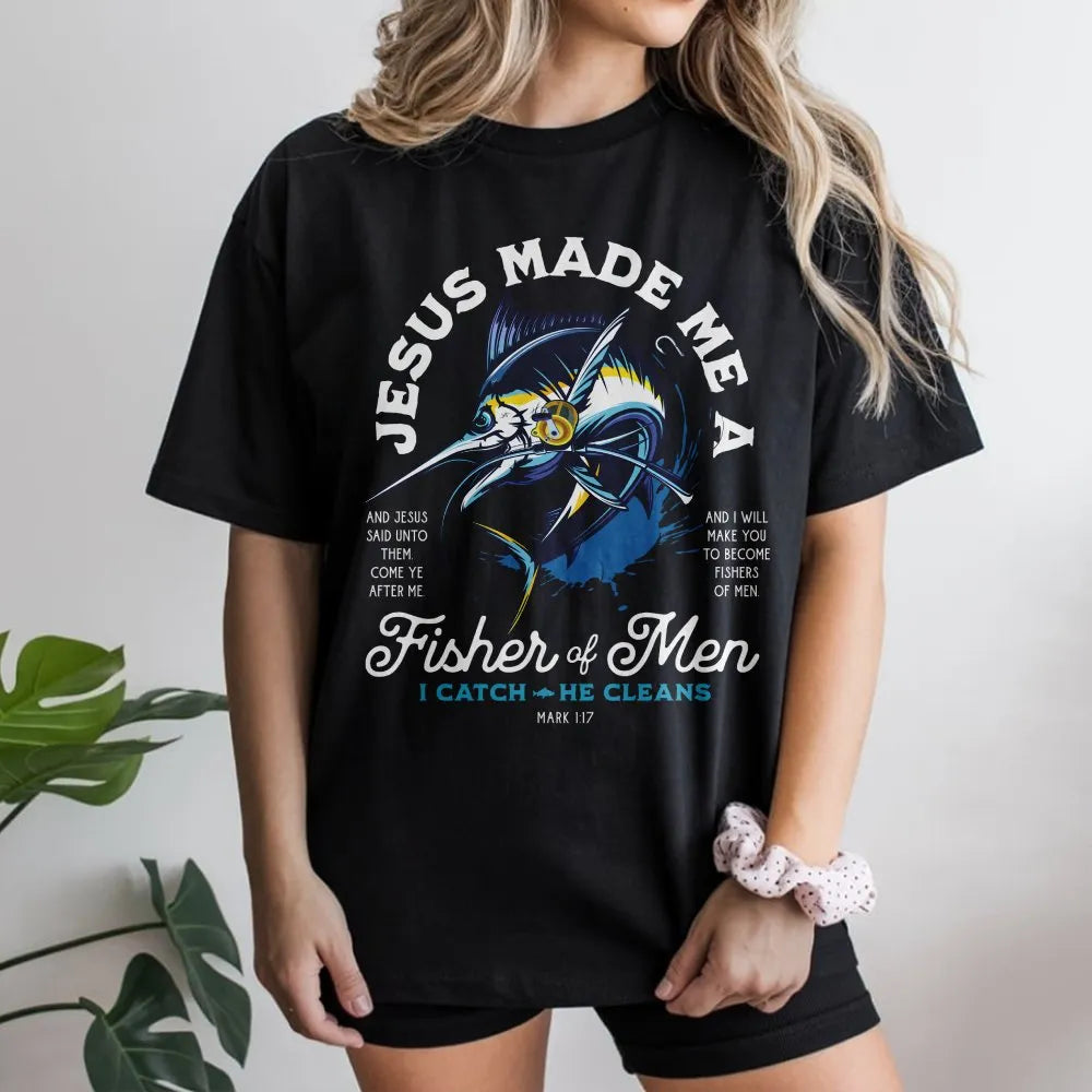 Fisher of Men T-Shirt | Marlin Fish Bible Verse Graphic | Premium Cotton | Christian Fisherman Gift