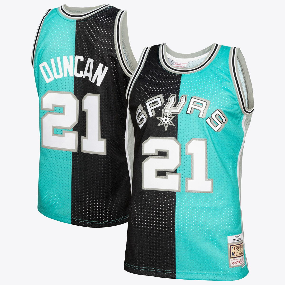 San Antonio Spurs Mitchell & Ness Tim Duncan 1998 Split Swingman Jersey - Black/Teal