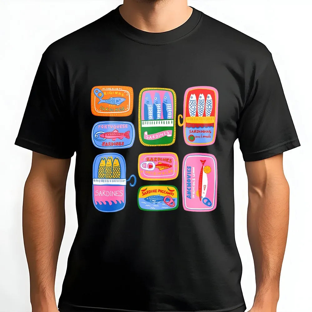Tinned Fish T-Shirt | Portuguese Sardine Can Art | Premium Cotton-Blend | Unique Preppy Foodie Gift