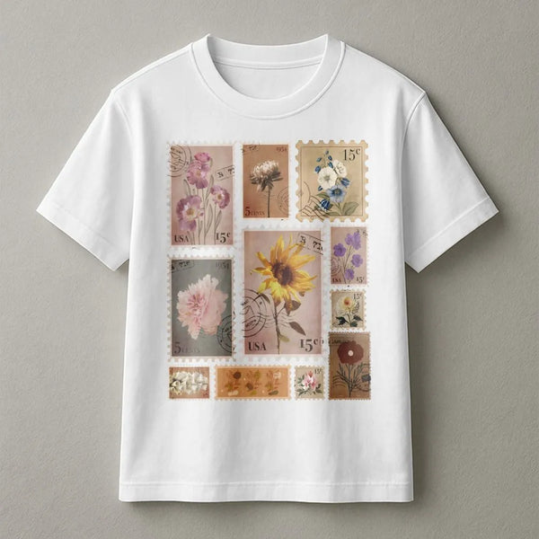 Vintage Flower Stamp T-Shirt | Botanical Postage Stamp Graphic | Soft Cotton Blend | Gift for Plant Lover