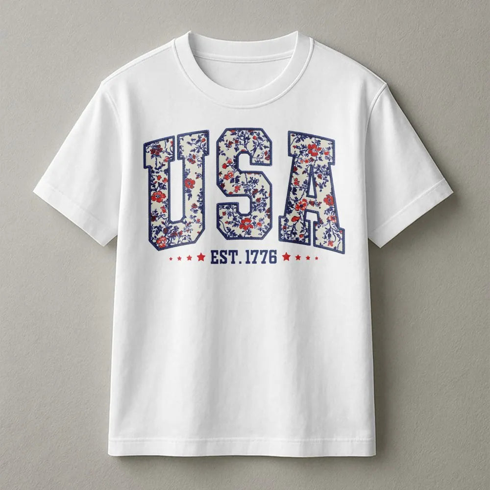 USA Floral T-Shirt | Patriotic American Flag Lettering | Premium Soft Cotton | Women 4th of July Gift