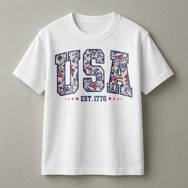USA Floral T-Shirt | Patriotic American Flag Lettering | Premium Soft Cotton | Women 4th of July Gift