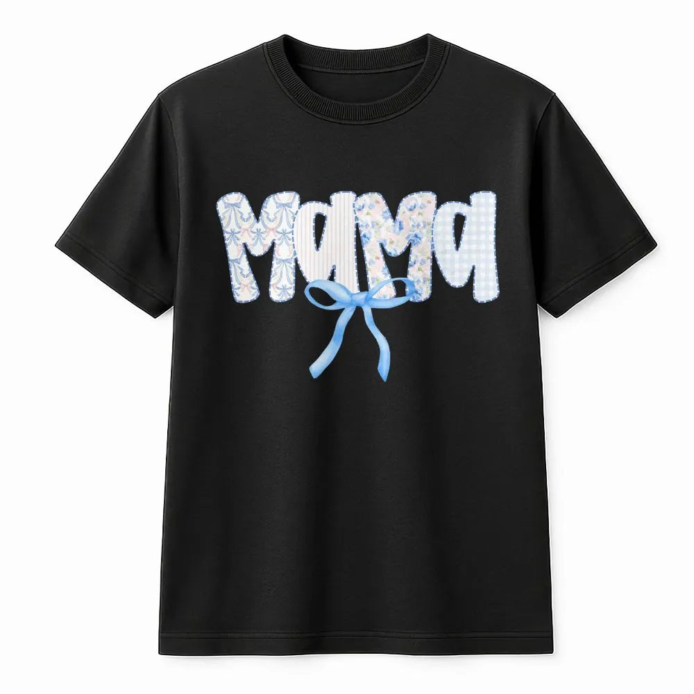 Mama T-Shirt | Blue Bow Patchwork Lettering | Soft Cotton Blend | New Mom Gift for Mother's Day