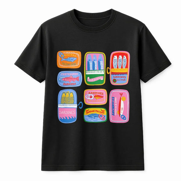 Tinned Fish T-Shirt | Portuguese Sardine Can Art | Premium Cotton-Blend | Unique Preppy Foodie Gift