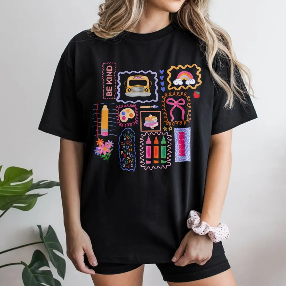 Teacher T-Shirt | Colorful School Doodles Graphic | Soft Cotton Tee | Preppy Back to School Gift for Her
