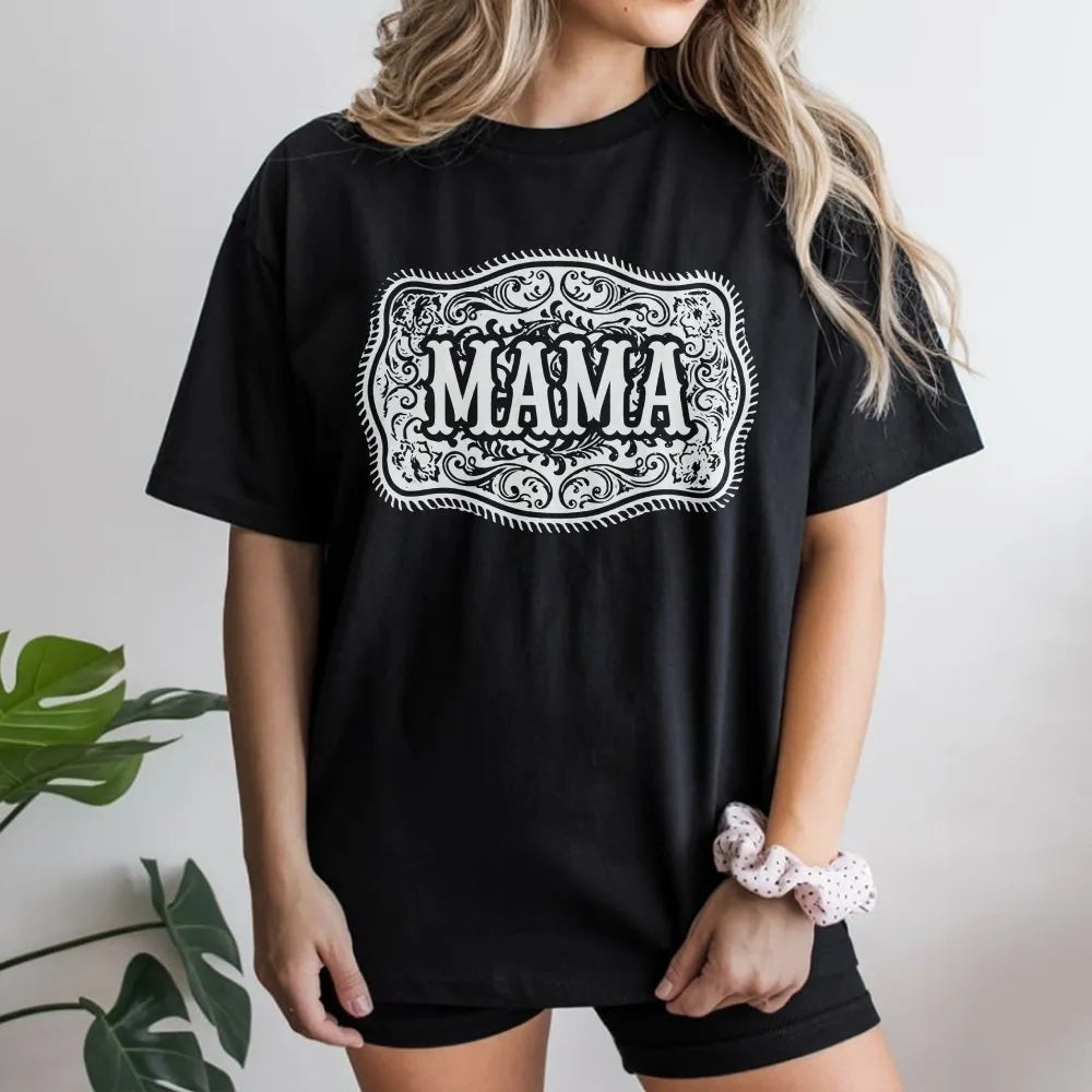 Western Mama T-Shirt | Vintage Rodeo Belt Buckle Graphic | Soft Cotton Tee | Country Cowgirl Gift for Mom