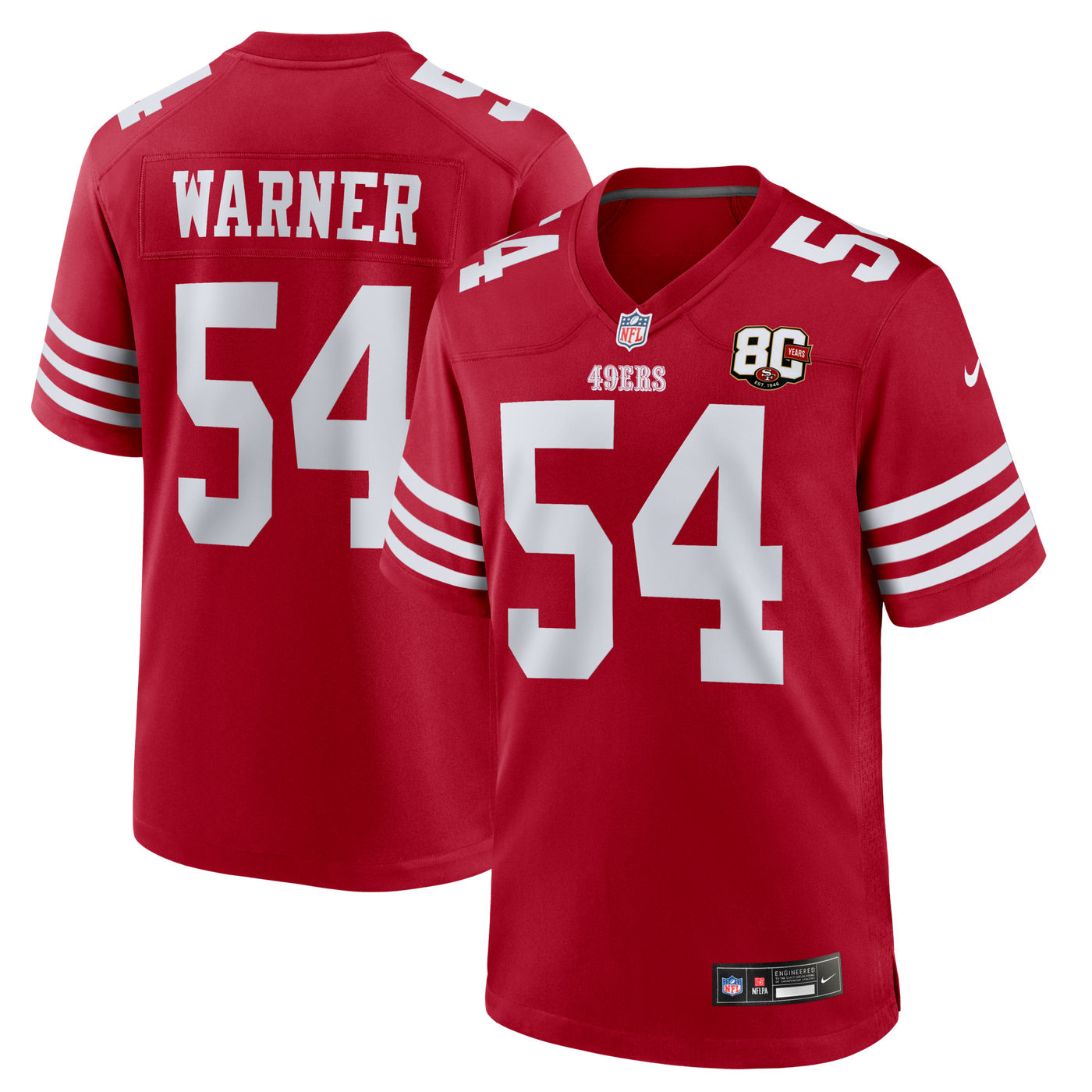San Francisco 49ers Fred Warner Nike Scarlet 80th Anniversary Game Jersey