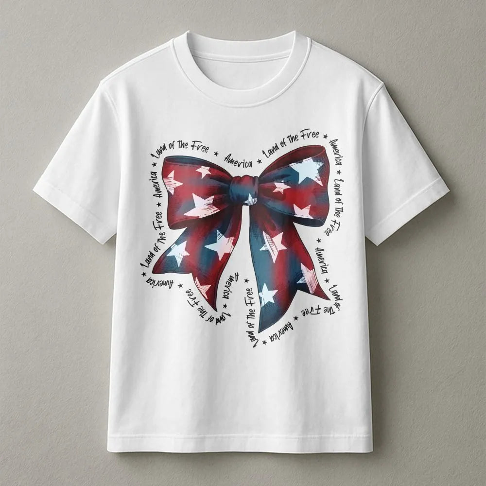 Patriotic Bow T-Shirt | Coquette American Flag Graphic | Soft Cotton Tee | 4th of July Gift for Women