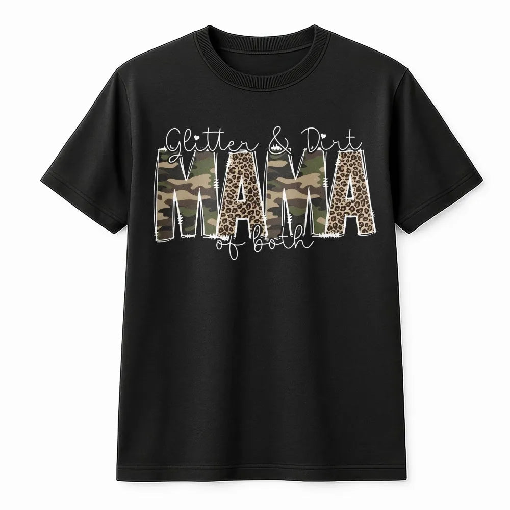 Mama of Both T-Shirt | Glitter & Dirt Leopard and Camo Print | Soft Cotton Tee | Cute Boy and Girl Mom Gift