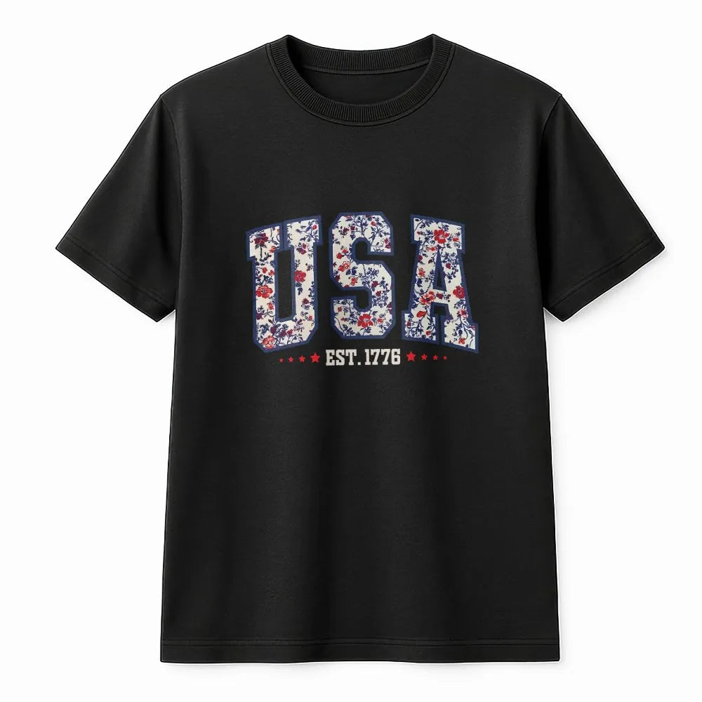 Girly USA T-Shirt | Floral Patriotic Est 1776 Sweatshirt | Cozy Cotton Blend | 4th of July Gift for Women