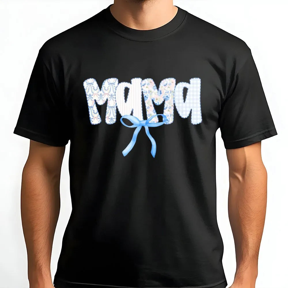 Mama T-Shirt | Blue Bow Patchwork Lettering | Soft Cotton Blend | New Mom Gift for Mother's Day