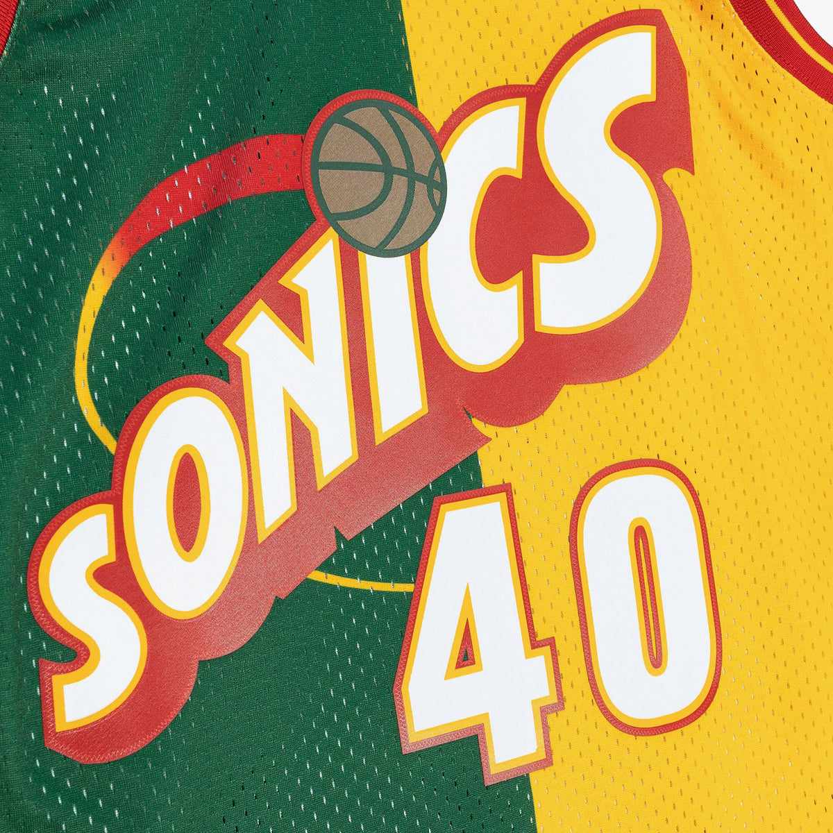 Seattle Supersonics Mitchell & Ness Shawn Kemp 1995 Split Swingman Jersey - Green/Yellow