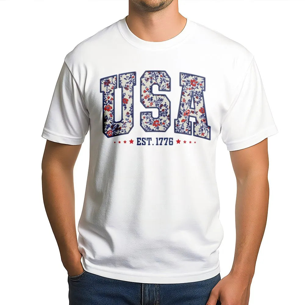 USA Floral T-Shirt | Patriotic American Flag Lettering | Premium Soft Cotton | Women 4th of July Gift