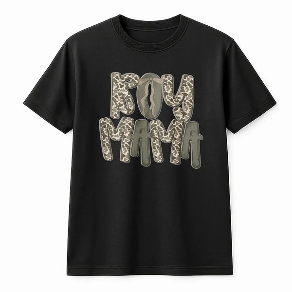 Boy Mama T-Shirt | Camo Lettering with Bow Graphic | Soft Cotton Tee | Trendy Western Style Gift for Mom