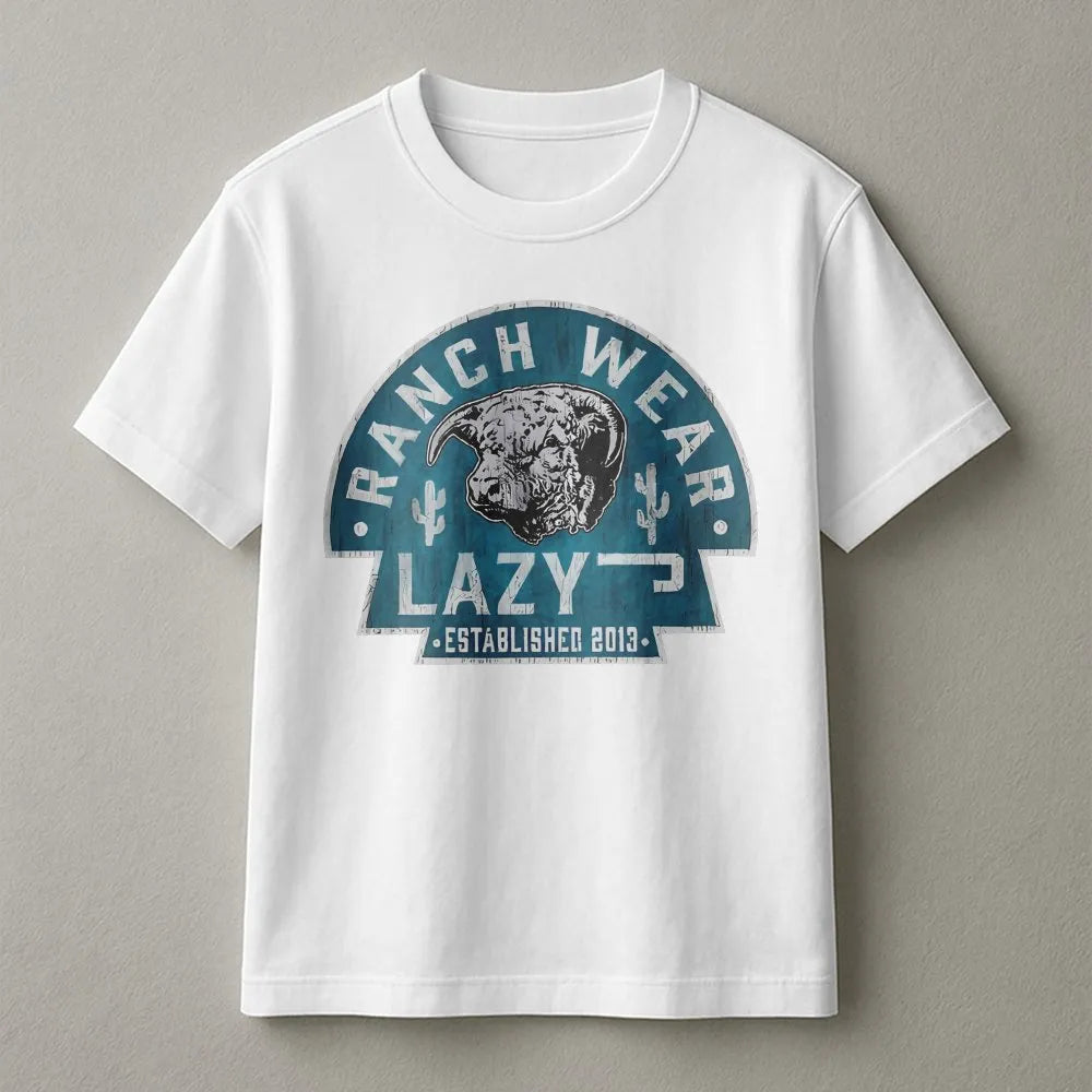 Lazy J Ranch Wear T-Shirt | Vintage Hereford Bull & Cactus Graphic | 100% Cotton | Western Cowboy Farmer Gift