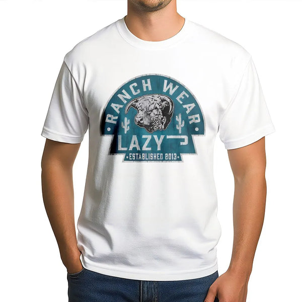 Lazy J Ranch Wear T-Shirt | Vintage Hereford Bull & Cactus Graphic | 100% Cotton | Western Cowboy Farmer Gift