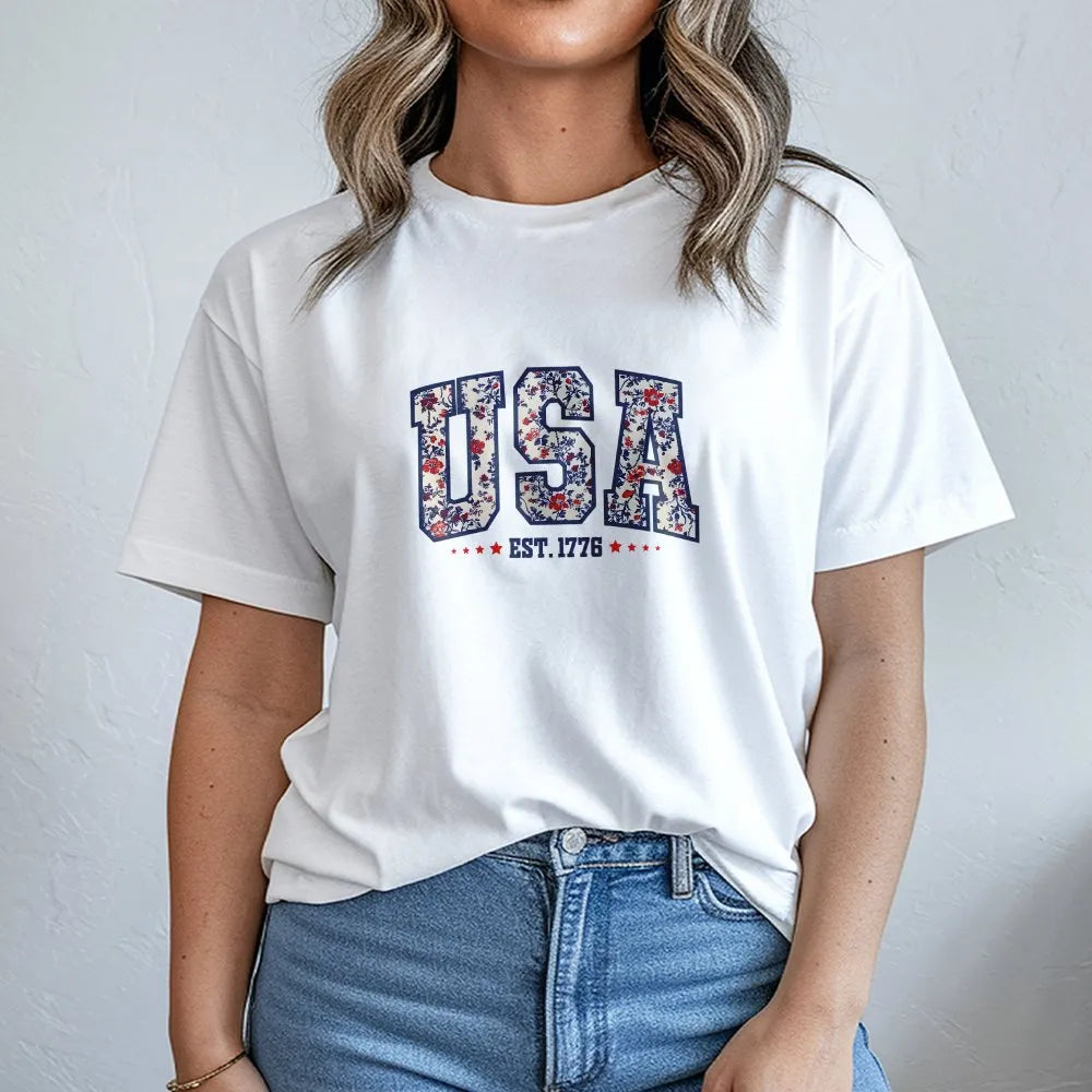 Girly USA T-Shirt | Floral Patriotic Est 1776 Sweatshirt | Cozy Cotton Blend | 4th of July Gift for Women
