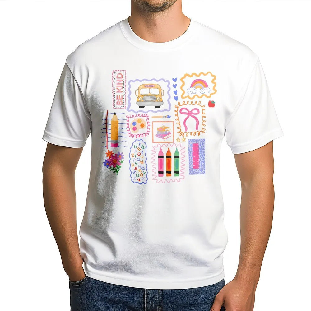 Teacher T-Shirt | Colorful School Doodles Graphic | Soft Cotton Tee | Preppy Back to School Gift for Her