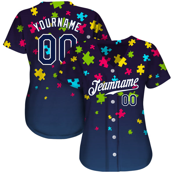 Custom Autism Supporter Awareness Puzzle Pieces Navy-White 3D Authentic Baseball Jersey