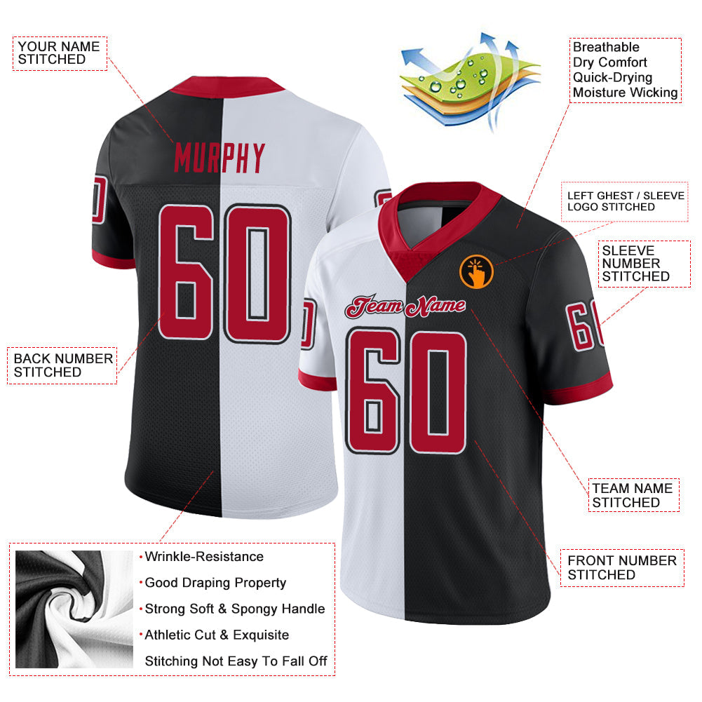 Custom Black Red-White Split Fashion Football Jersey