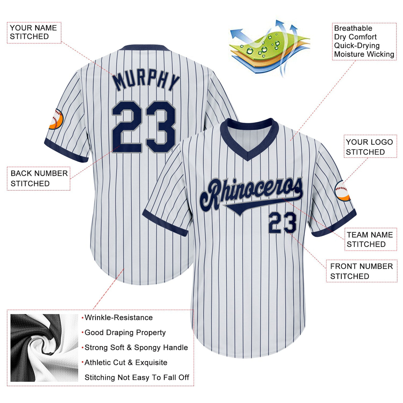 Custom White Navy Pinstripe Navy-Gray Authentic Throwback Rib-Knit Baseball Jersey Shirt